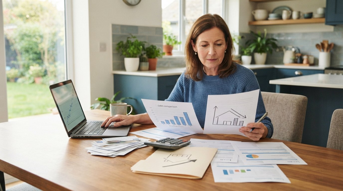 Homeowner at a kitchen table with a laptop, credit card statements, calculator, and a folder marked with a house icon,…