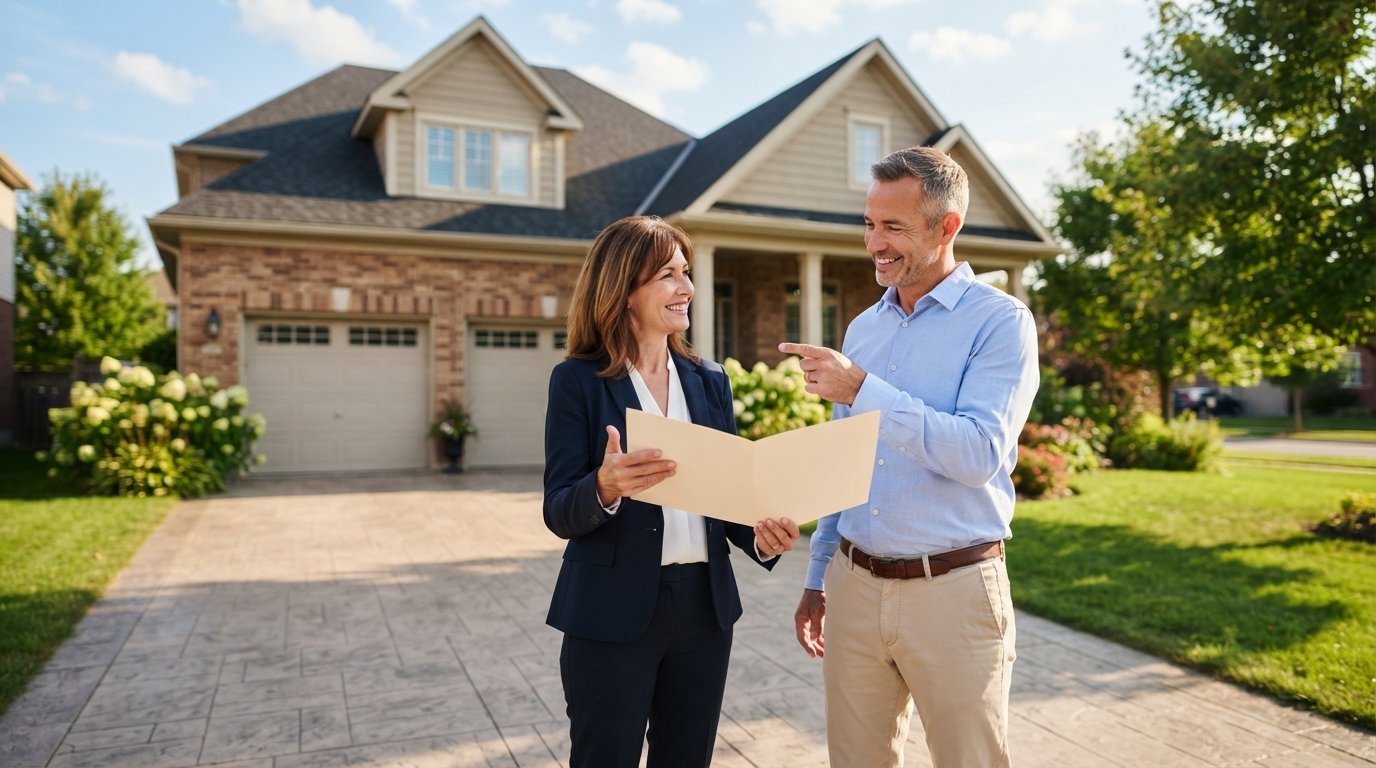 Couple in casual business attire standing in a driveway, reviewing a document folder in front of a well-maintained suburban…