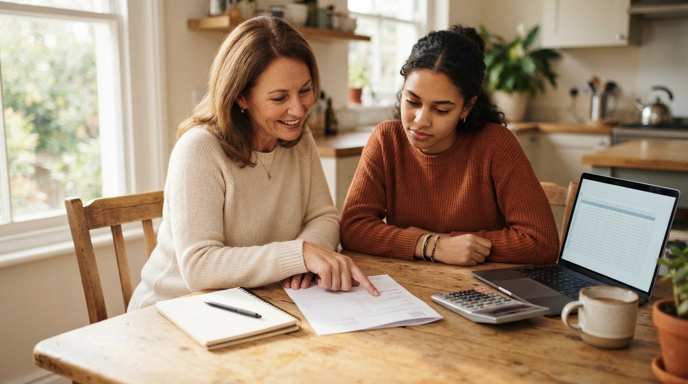 Parent and college-aged student reviewing a printed financial aid award letter with a calculator and laptop at a sunlit…