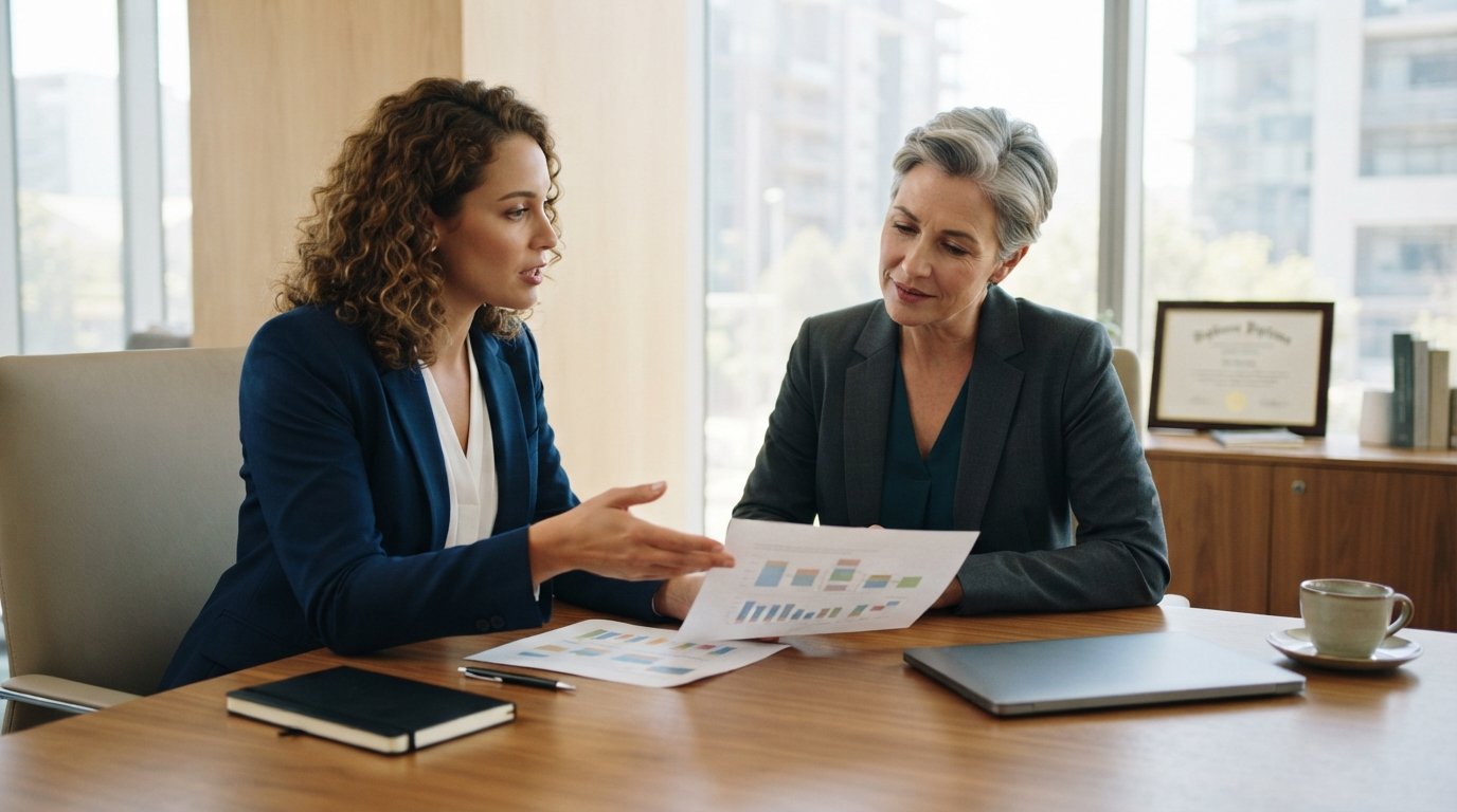 Professional in navy blazer gestures toward printed skills inventory and salary chart across a wooden desk from a manager…