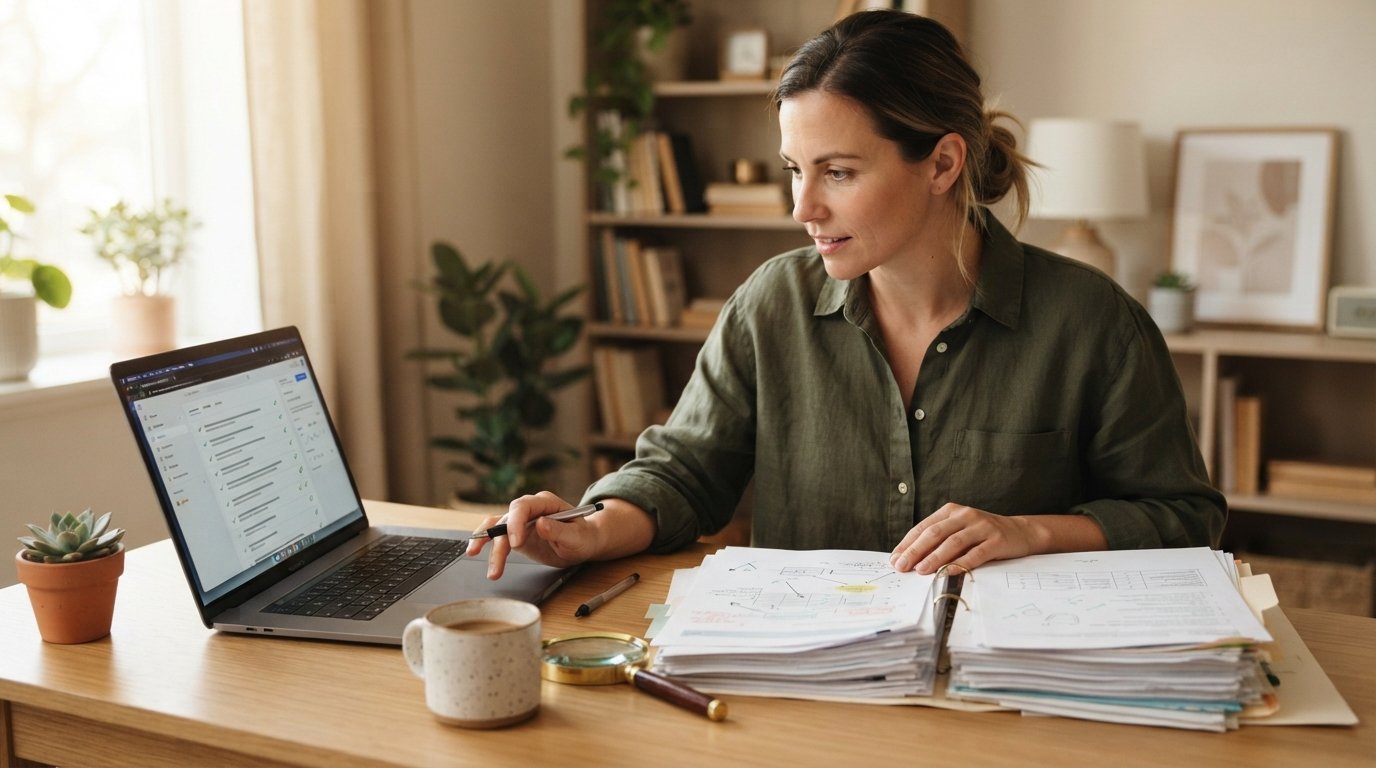 Adult student at a home desk comparing college papers with a laptop checklist, magnifying glass and pen nearby