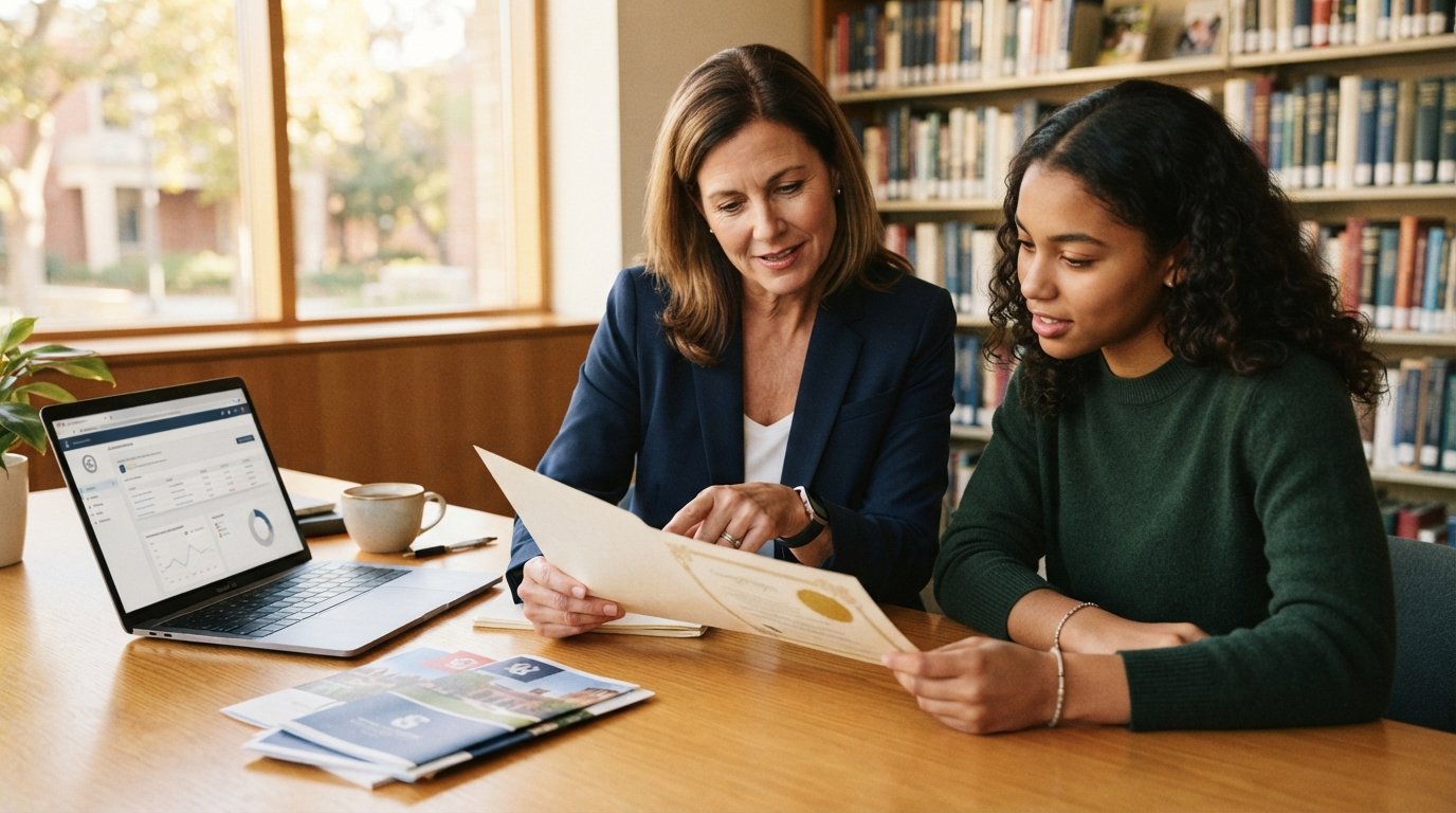 College advisor in a navy blazer and a student reviewing a sealed certificate beside a laptop showing a verification webpage