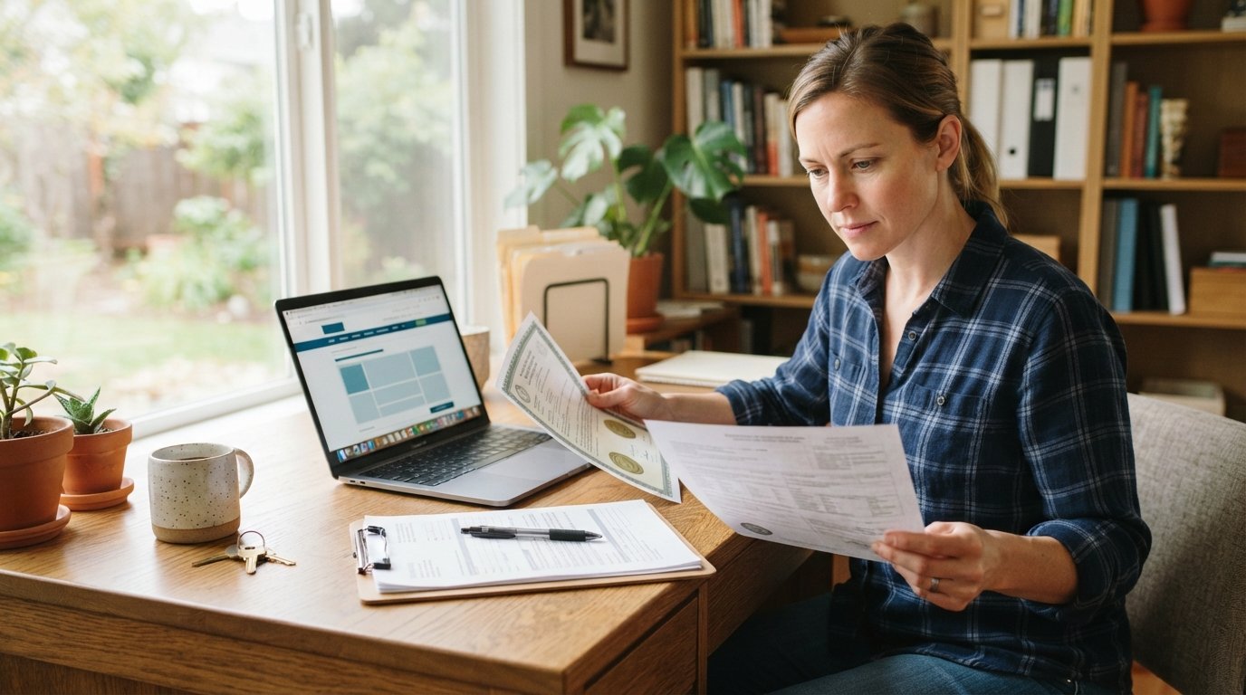 Homeowner at a wooden desk comparing contractor paperwork beside a laptop showing a licensing board website