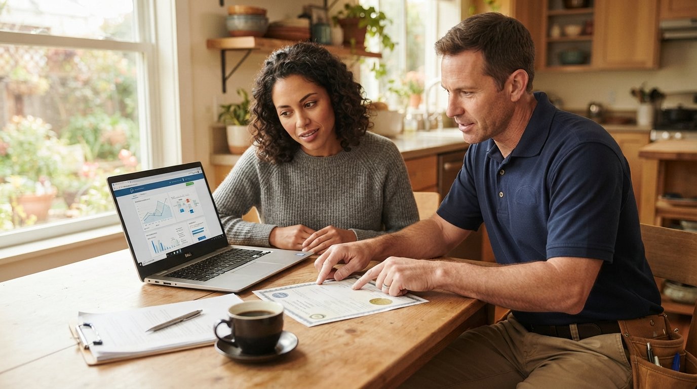 Contractor in work polo points to a license number while homeowner reviews a state licensing website on a laptop at a…