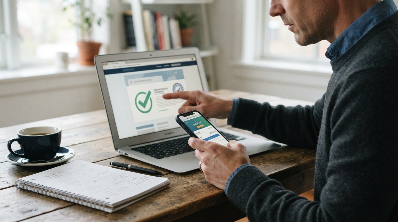 Person at a desk holding a smartphone with a loan offer and pointing to a laptop showing a state licensing verification…