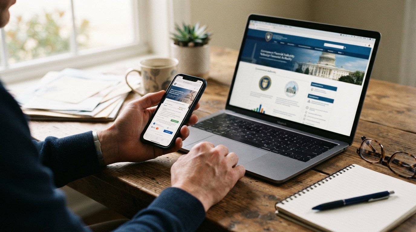Hands holding a smartphone with a loan offer beside a laptop showing a state financial regulator's website on a wooden desk