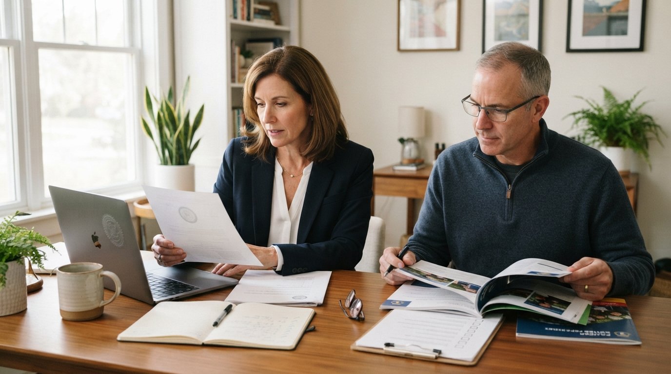 Woman in a navy blazer compares a printed document with a laptop screen while a man beside her reviews college brochures…