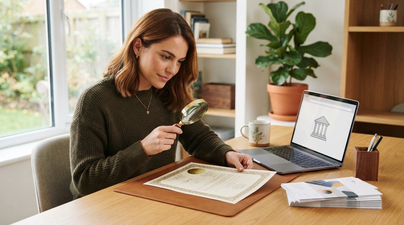 Young woman at a desk holding a magnifying glass over an accredited college document with a gold seal, laptop nearby