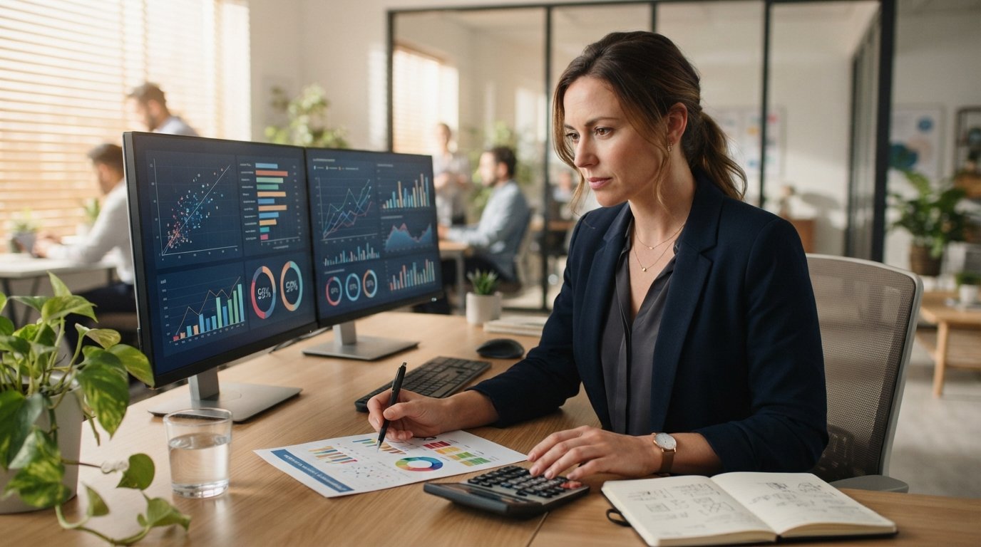 Mortgage loan officer in navy blazer comparing lead metrics on dual monitors beside printed scorecards and a calculator in…