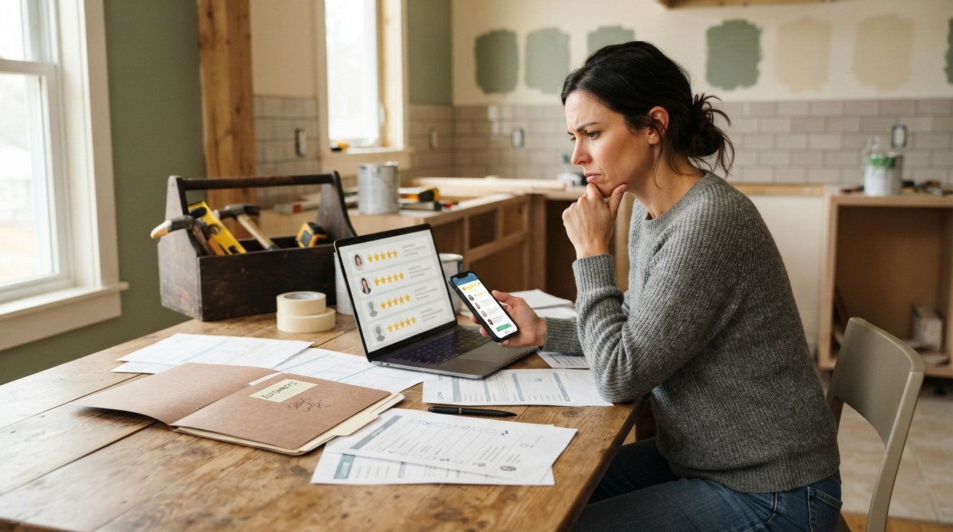 Homeowner at a kitchen table studying star ratings on a laptop beside a smartphone, checklist, pen, and contractor estimate…