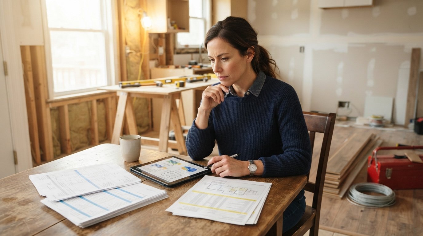 Homeowner in business-casual attire comparing two contractor bid documents and a tablet at a wooden kitchen table, with a…