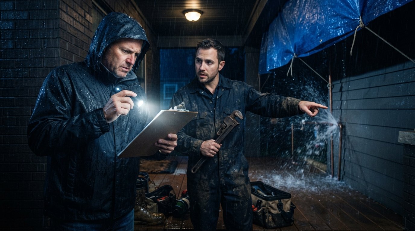 Homeowner in rain-soaked jacket checks contractor license and insurance papers on a clipboard beside a burst pipe at night
