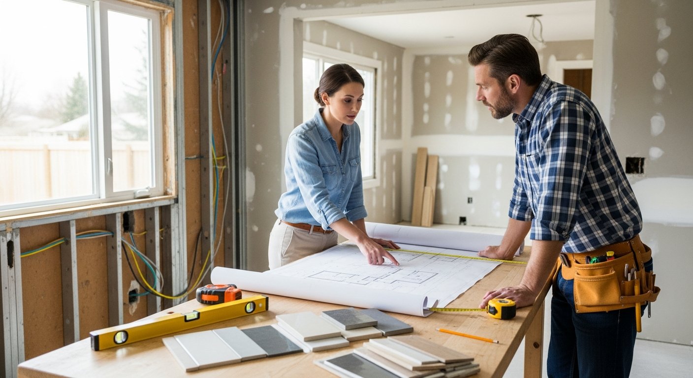 Homeowner and contractor in a bright kitchen reviewing a blueprint at a wooden worktable near exposed wall studs and wiring