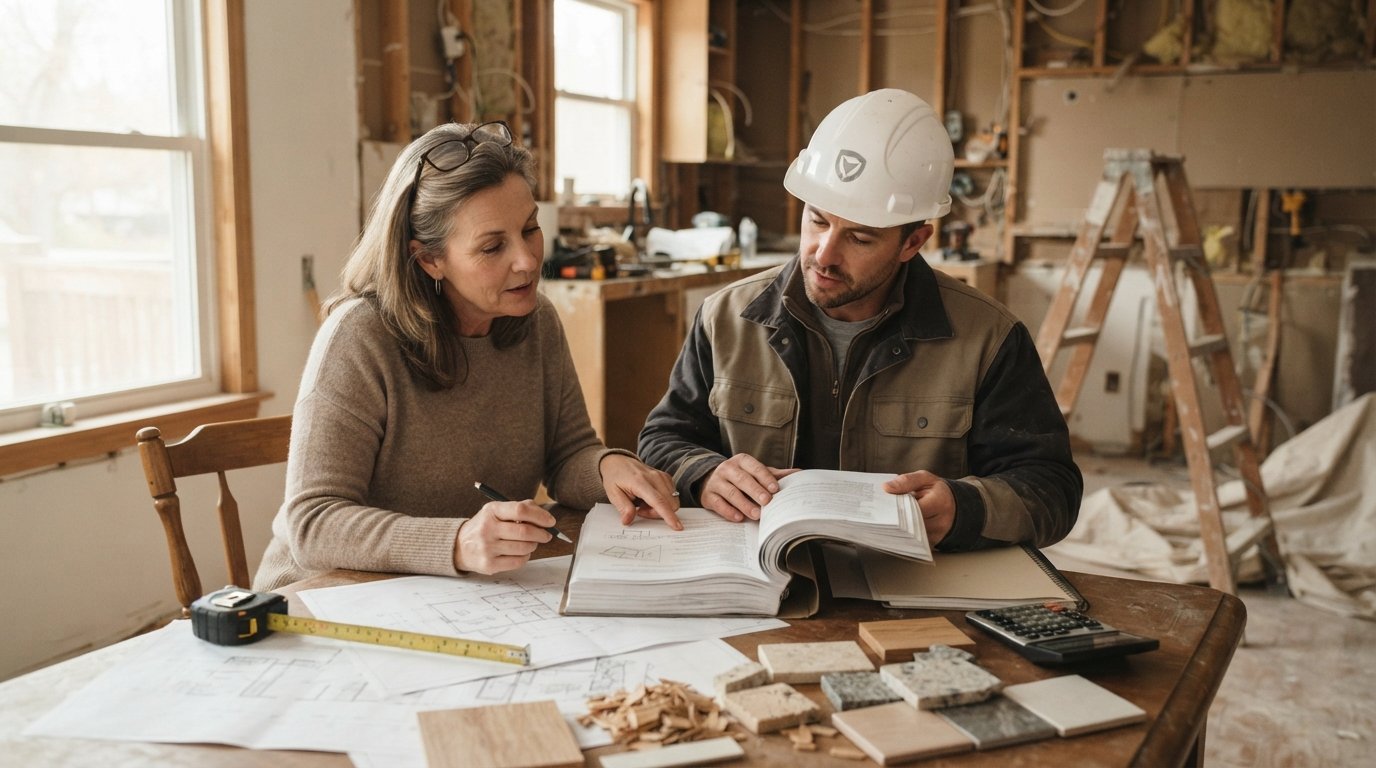Homeowner and contractor in a hard hat review a printed document at a kitchen table with blueprints, material samples, a…