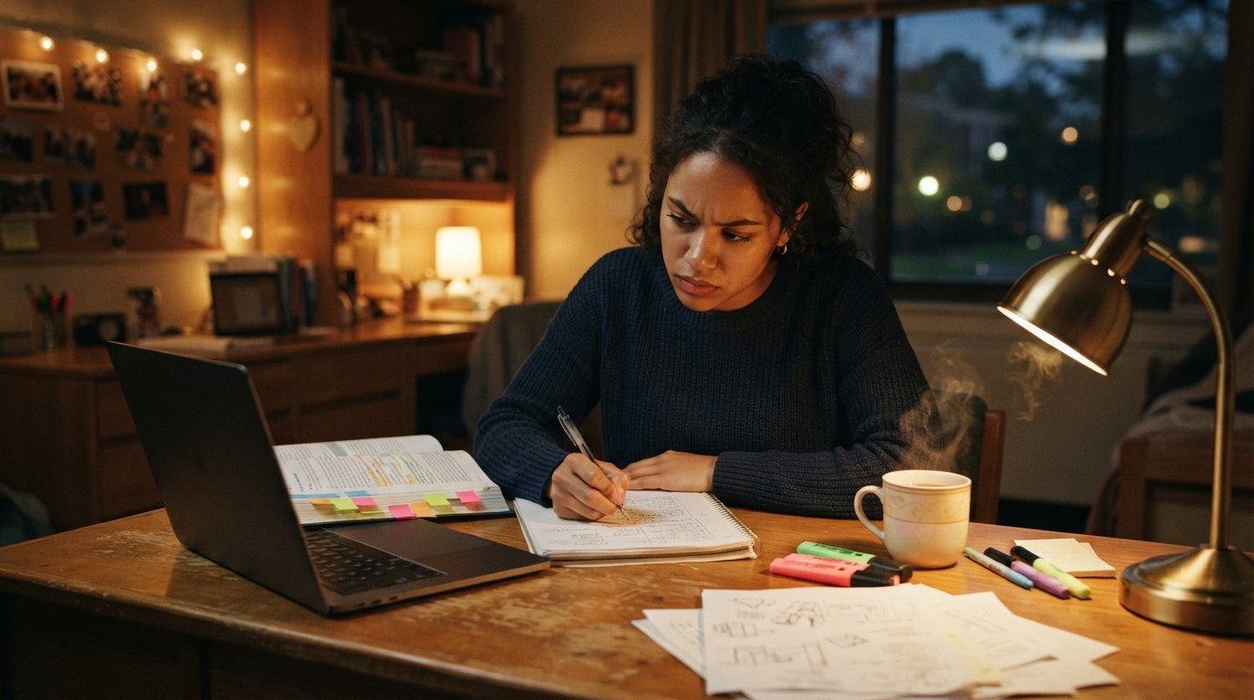 Focused student writing in a notebook beside a laptop, coffee, and desk lamp in a dim dorm room at night