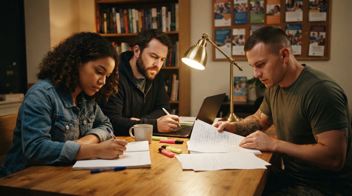 Three students revise handwritten college essay drafts together at a wooden table with a desk lamp, notebooks, and…