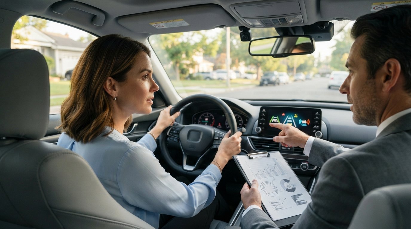 Woman in a light blue blouse at the wheel of a sedan looks at dashboard lane-keeping and blind-spot icons as a male agent…