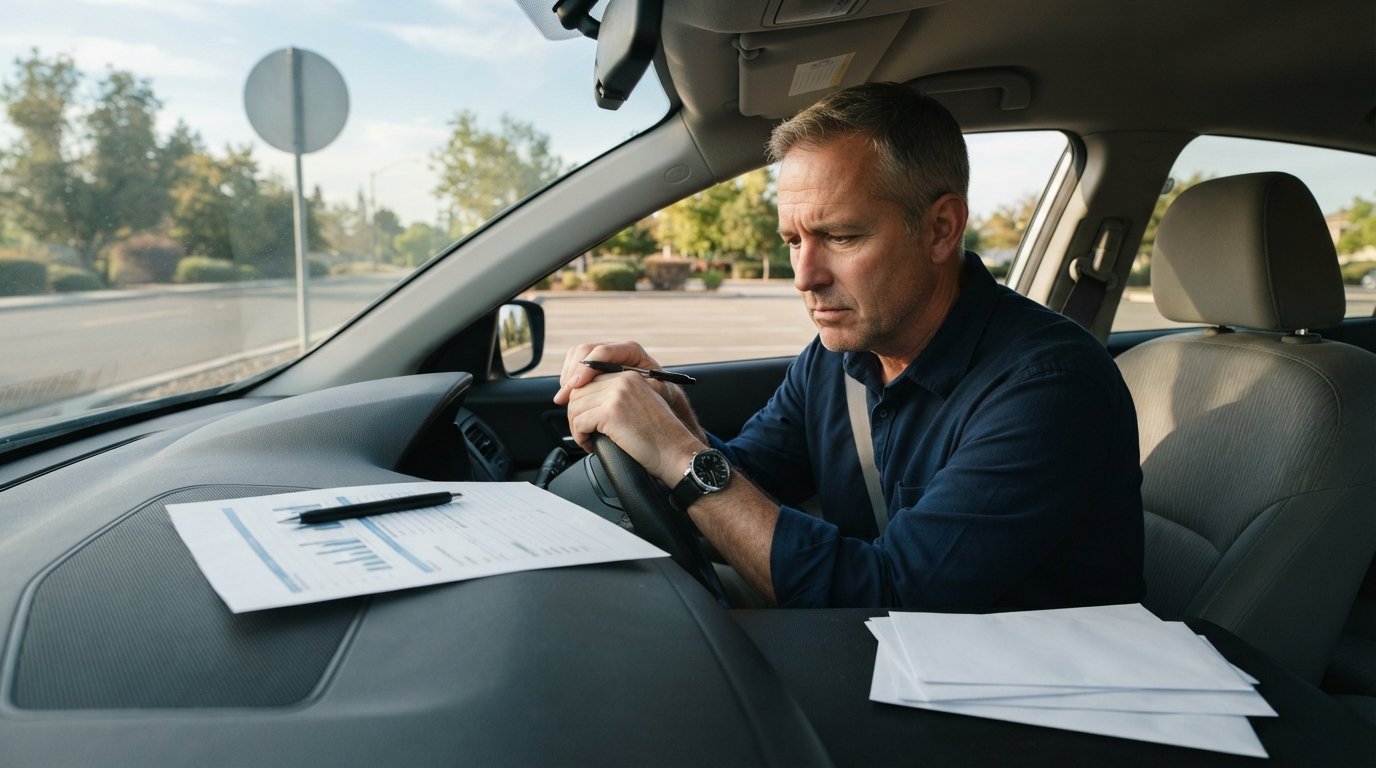 Middle-aged driver in a parked sedan looking at a paper motor vehicle report on the dashboard beside insurance envelopes