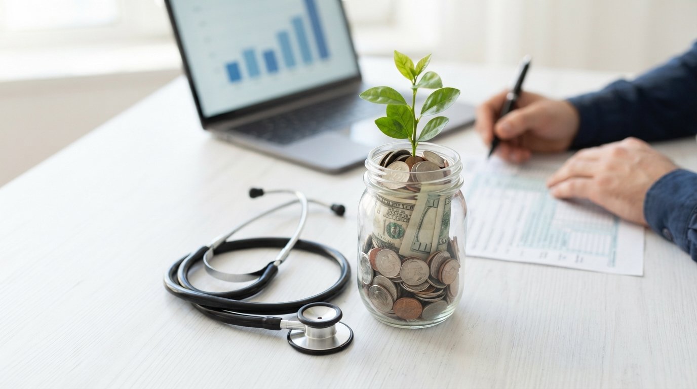 Stethoscope beside a glass jar of coins with a sprouting plant on a desk, laptop in background