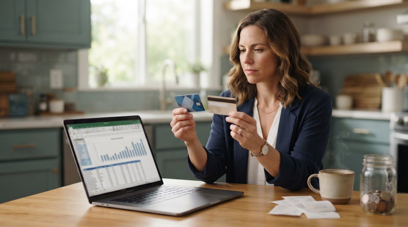 Woman in navy blazer holds an HSA card and an FSA card while viewing a comparison chart on a laptop at a sunlit kitchen table