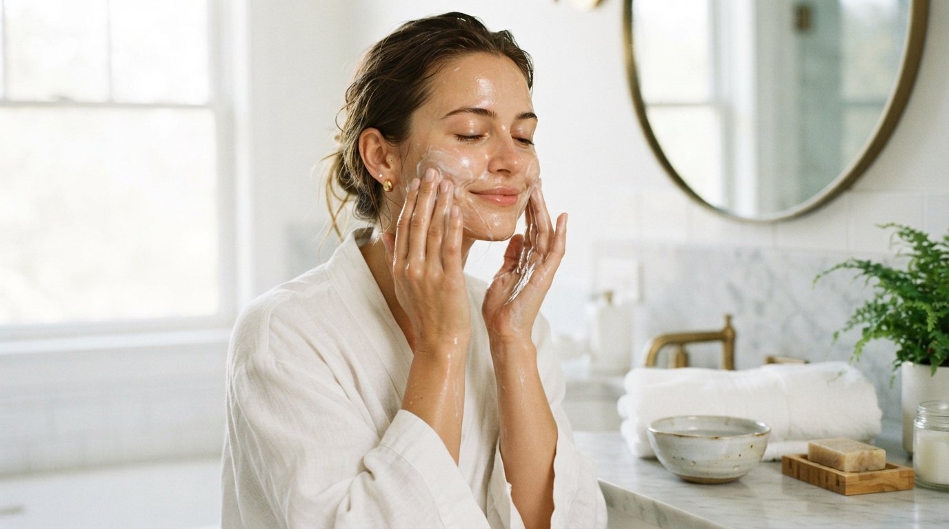 Woman with damp skin massaging white cream cleanser into her cheeks at a bright bathroom vanity