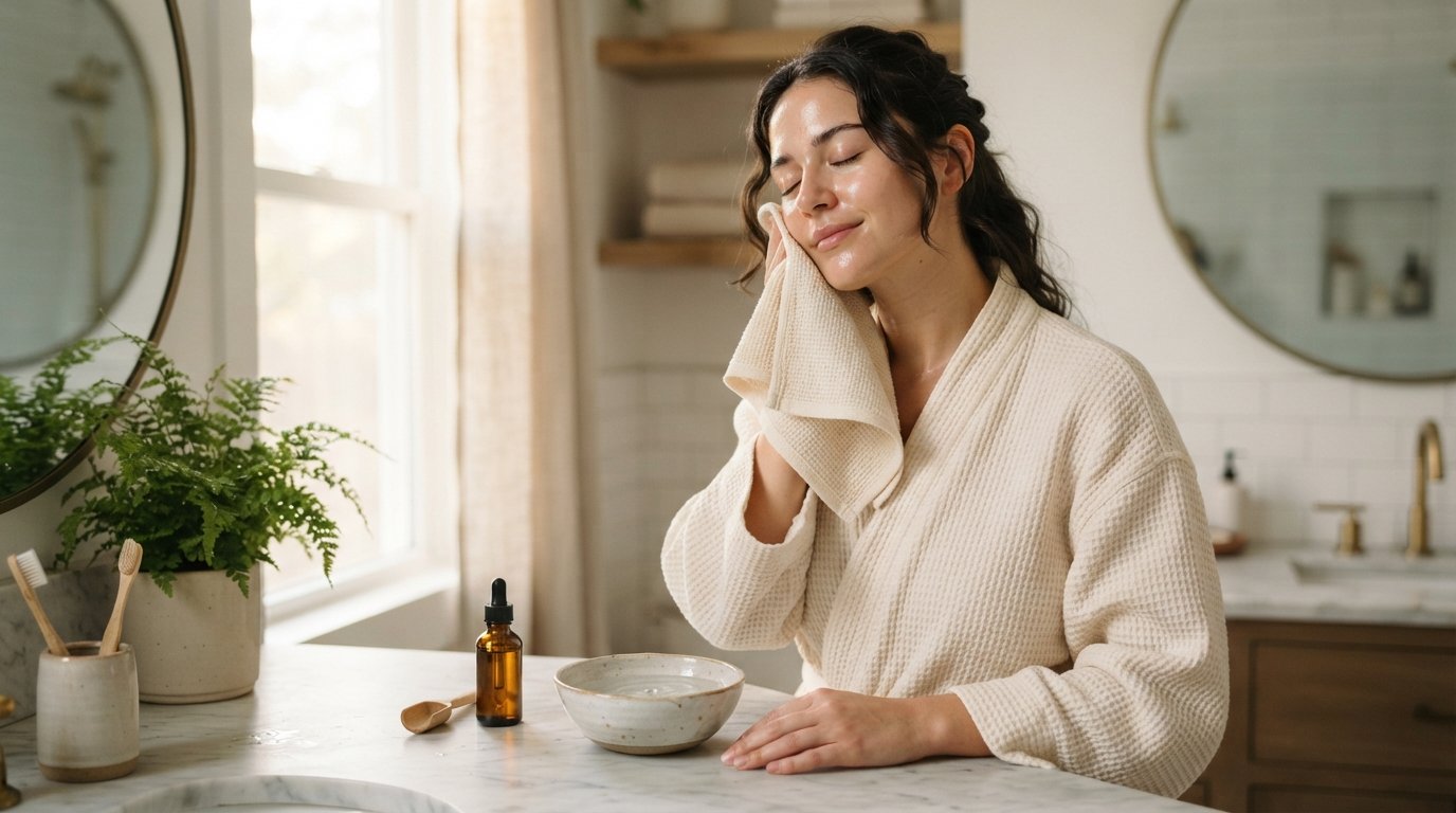 Woman in a robe pressing a folded bamboo fiber cloth to her cheek at a bright bathroom vanity
