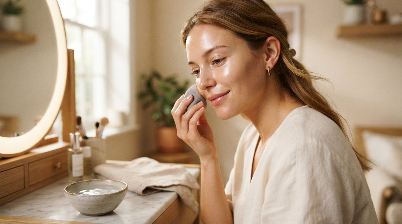Woman patting a damp platinum makeup sponge against her cheek at a vanity with a bowl of water and towel nearby