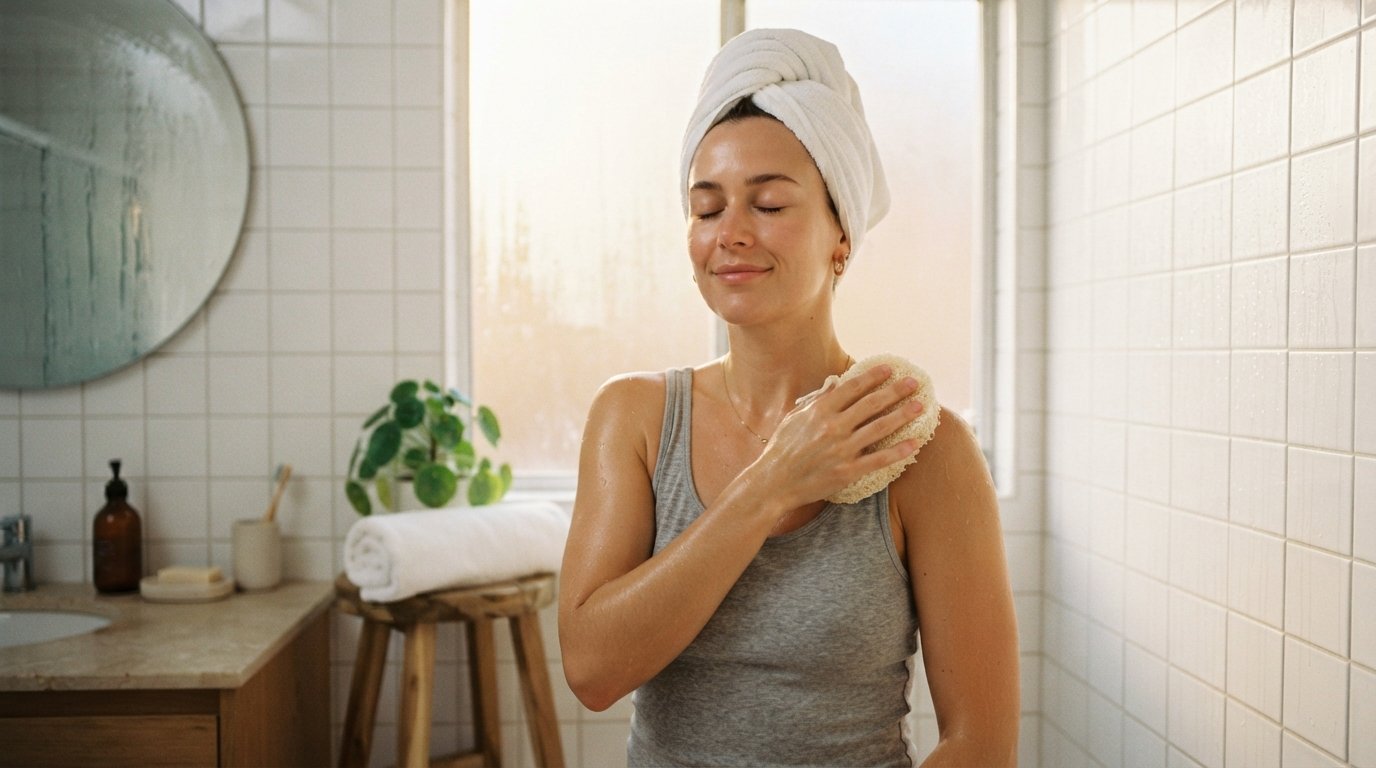 Woman in gray tank top exfoliating her shoulder with a textured natural loofah in a bright, steamy bathroom.