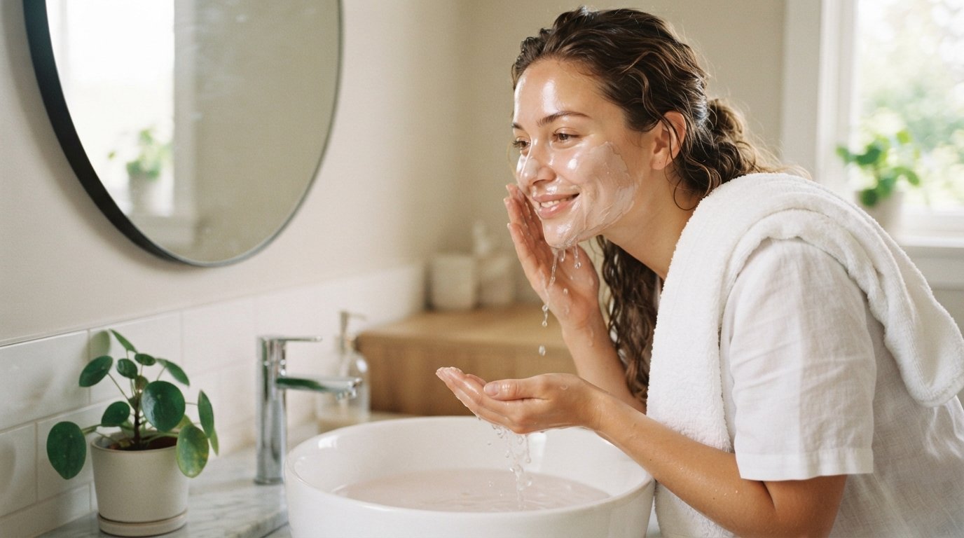 Woman rinsing soft clay mask from her cheeks at a bathroom sink in warm morning light, white towel on shoulder