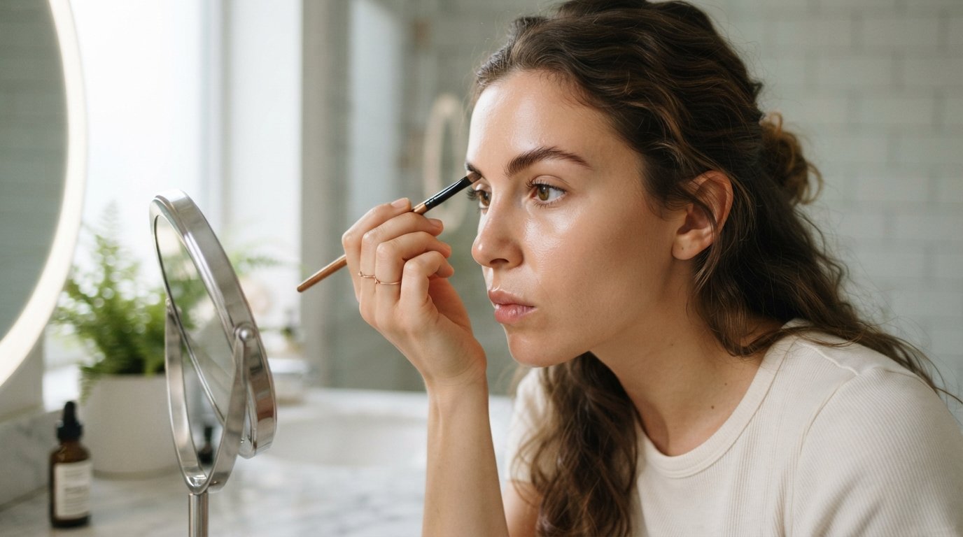 Close-up of a woman using a small angled brush to shape her eyebrow in a bright bathroom