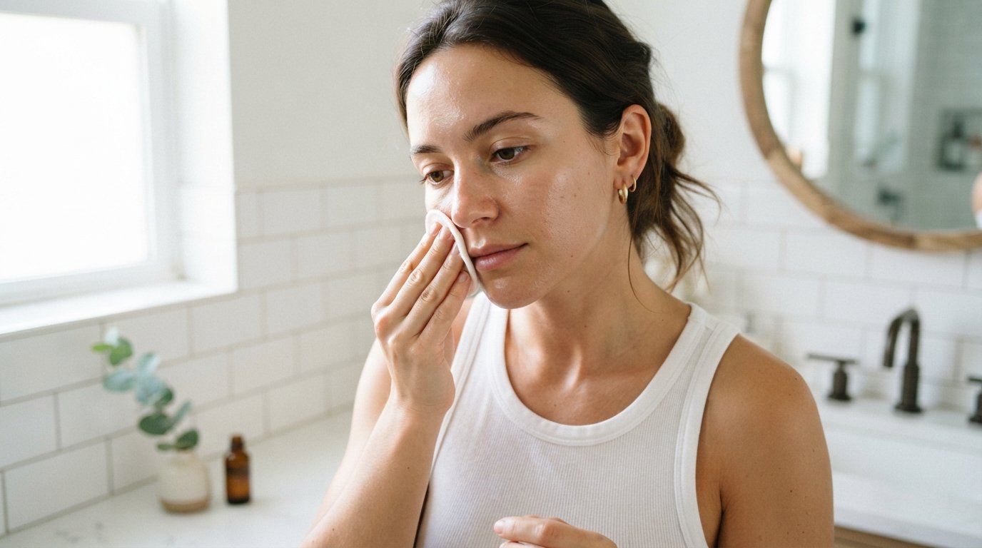 Woman with bare, slightly oily skin sweeping a cotton pad across her cheek in a bright bathroom