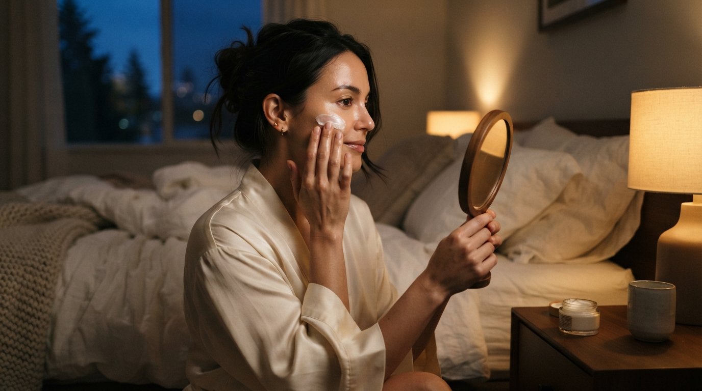 Woman in cream silk robe applying white cream to her cheek by warm bedside lamplight