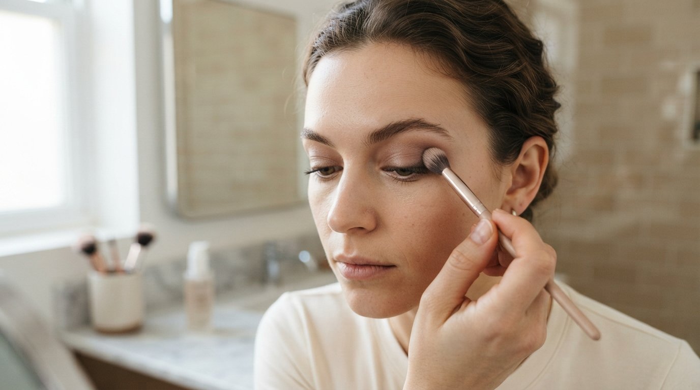 Woman applying neutral eyeshadow with a fluffy angled blending brush in a bright bathroom