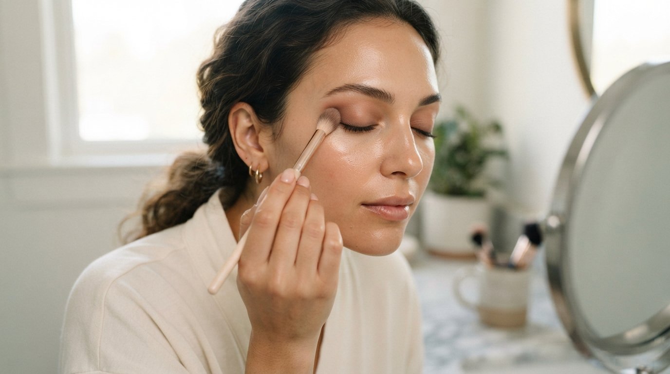 Woman with eyes closed applying eyeshadow to her crease using a soft, fluffy blending brush in a bright bathroom