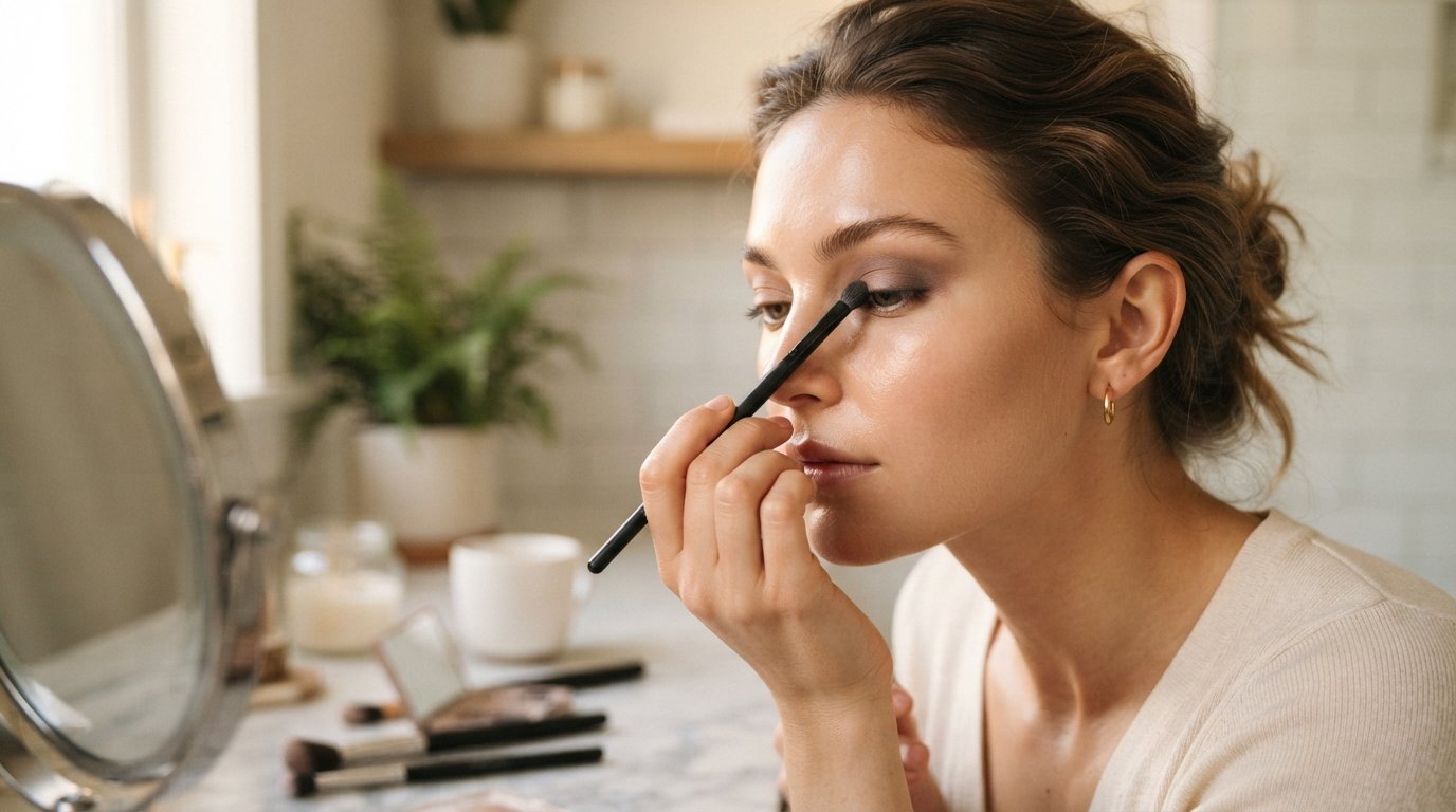 Woman with hooded eyes applying eyeshadow with a small dense brush in the crease, looking into a vanity mirror