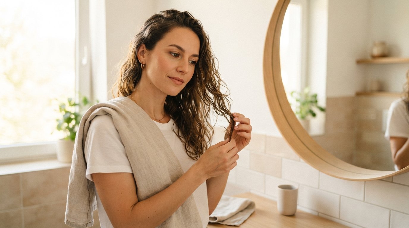 Woman with wavy brown hair holding a strand between her fingers in a bright bathroom, towel on shoulder