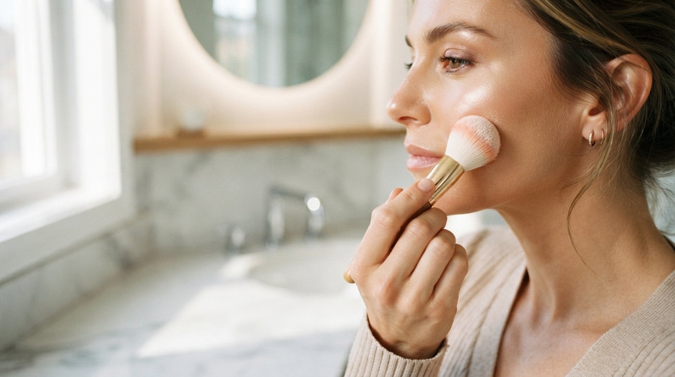 Hand holding a fluffy makeup brush tapping highlighter onto a woman's cheekbone in a bright bathroom