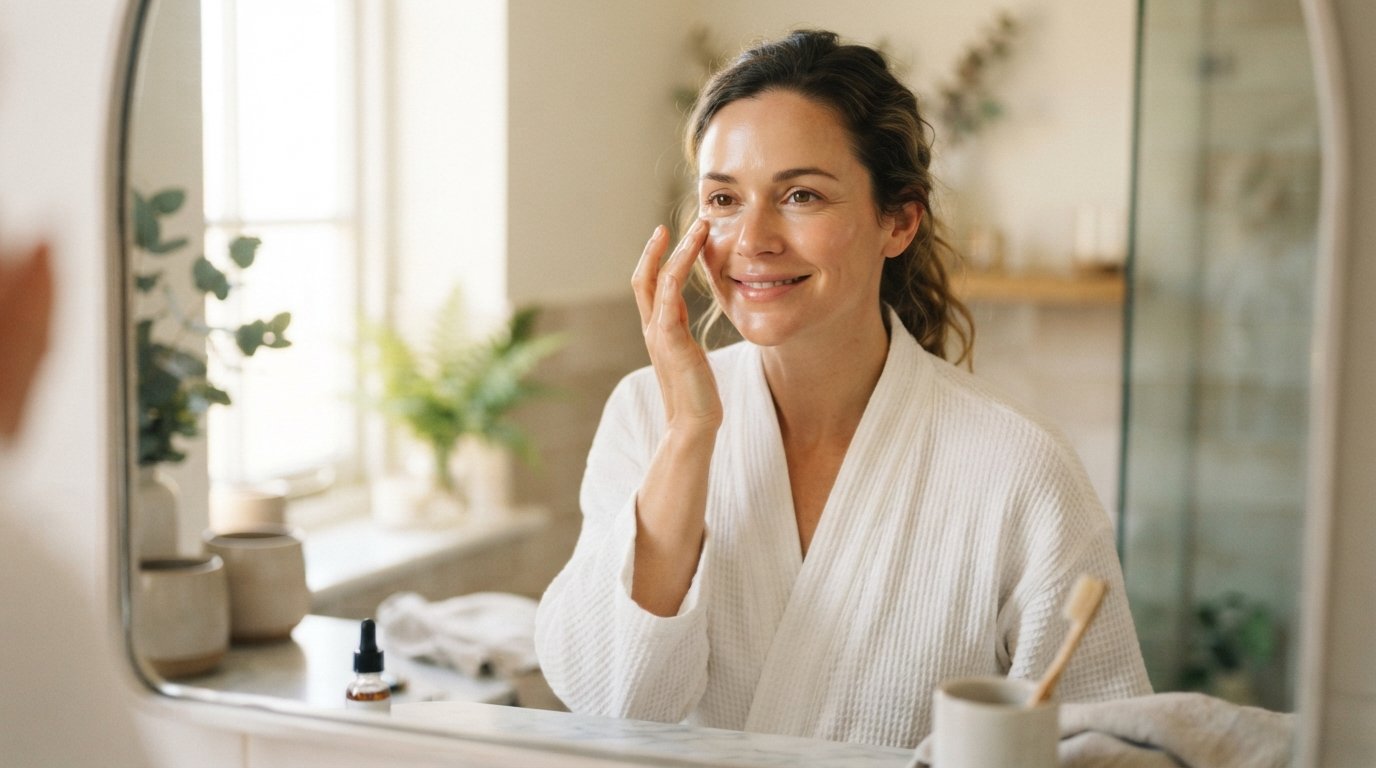 Close-up of a woman in a white robe gently patting cream under her eye with her ring finger at a bright bathroom vanity