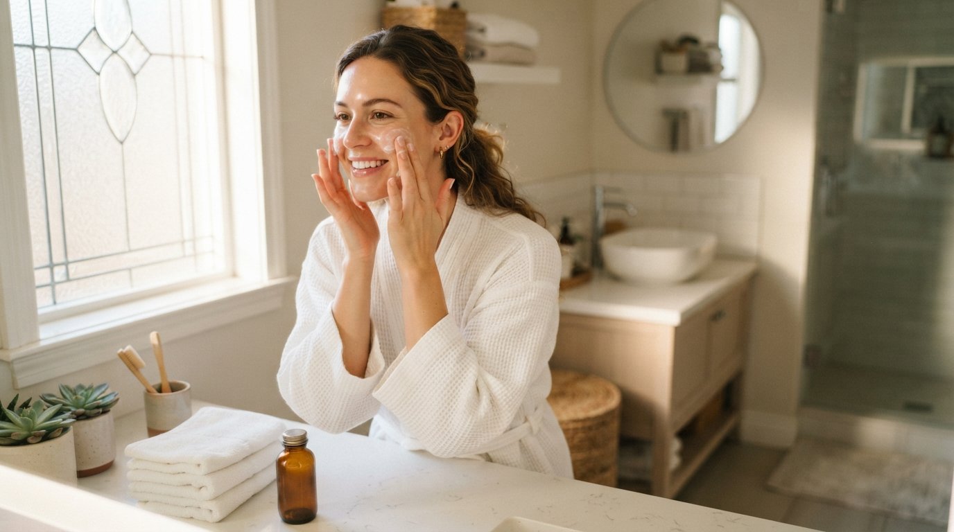 Smiling woman in a white robe applying moisturizer in a bright bathroom with washcloths and a shaker bottle on the counter
