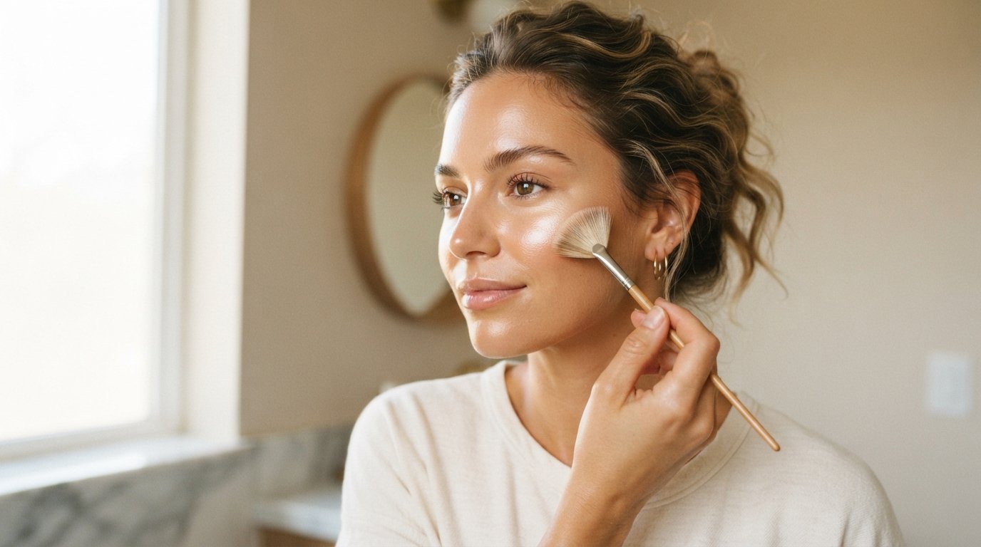 Woman with hair pulled back sweeps a small fan brush across her cheekbone, applying highlighter in soft window light