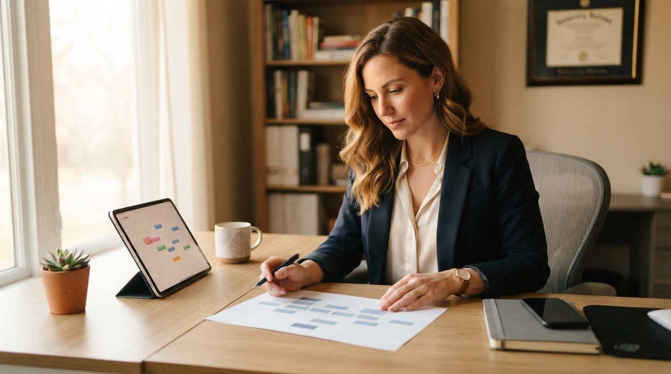 Professional woman in a blazer reviewing an HR organizational chart and tablet at a bright home office desk
