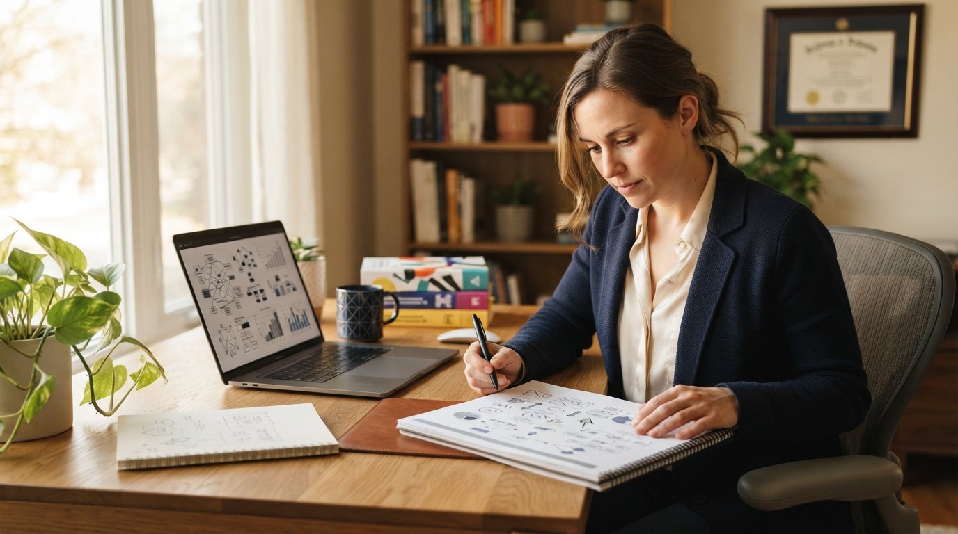 Business-casual professional reading a graduate HR strategy document at a home office desk with a laptop, coffee mug, and…