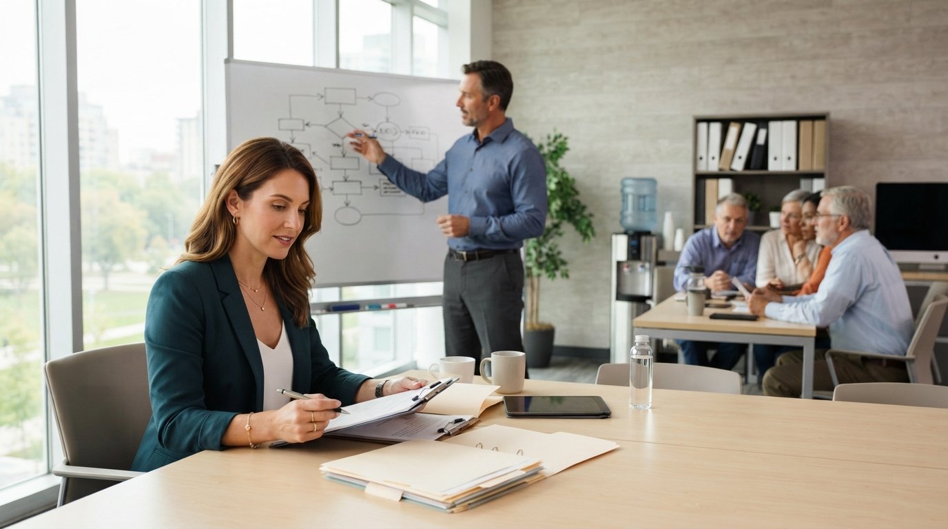 Woman reviewing employee files at a conference table while an instructor points to a hiring flowchart on a whiteboard in a…