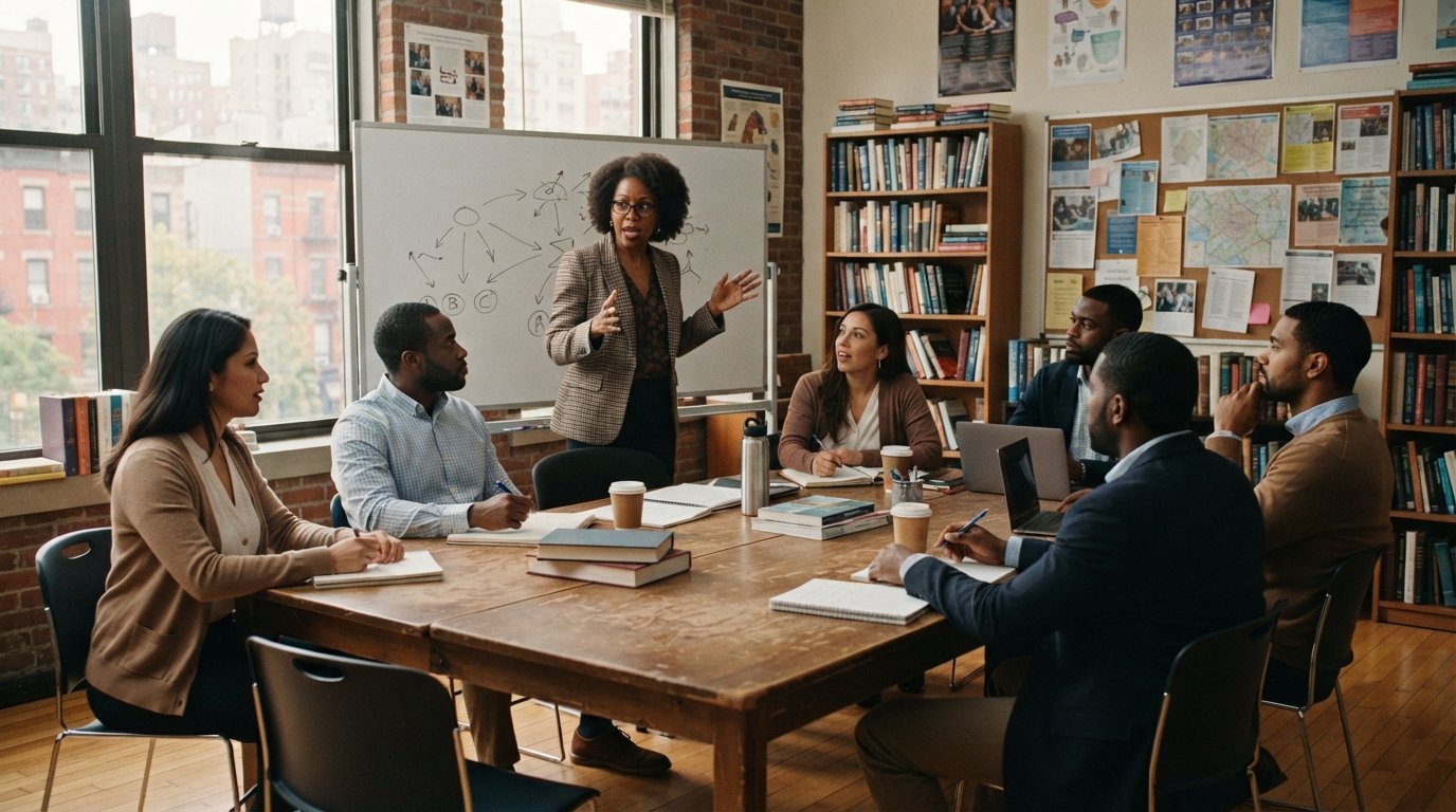 Diverse adult students seated around a wooden seminar table in a sunlit classroom, listening to an instructor speaking…