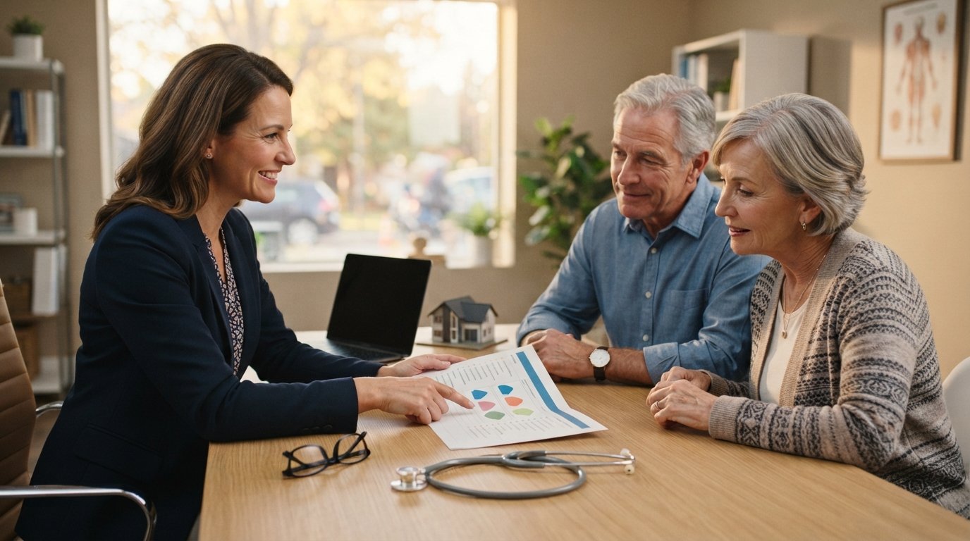 Advisor in navy blazer reviews a printed health plan comparison chart with a senior couple at a light oak desk in a medical…