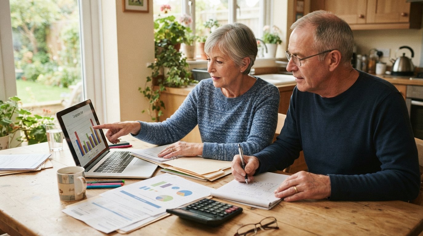 Senior couple at a kitchen table reviewing plan documents on a laptop, woman pointing at the screen while man takes notes