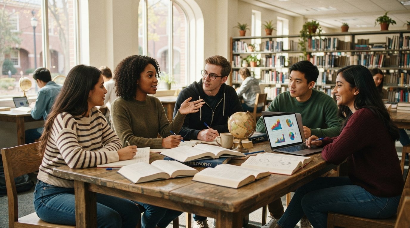 Diverse college students discuss open books on philosophy and art history around a wooden library table in a sunlit study…