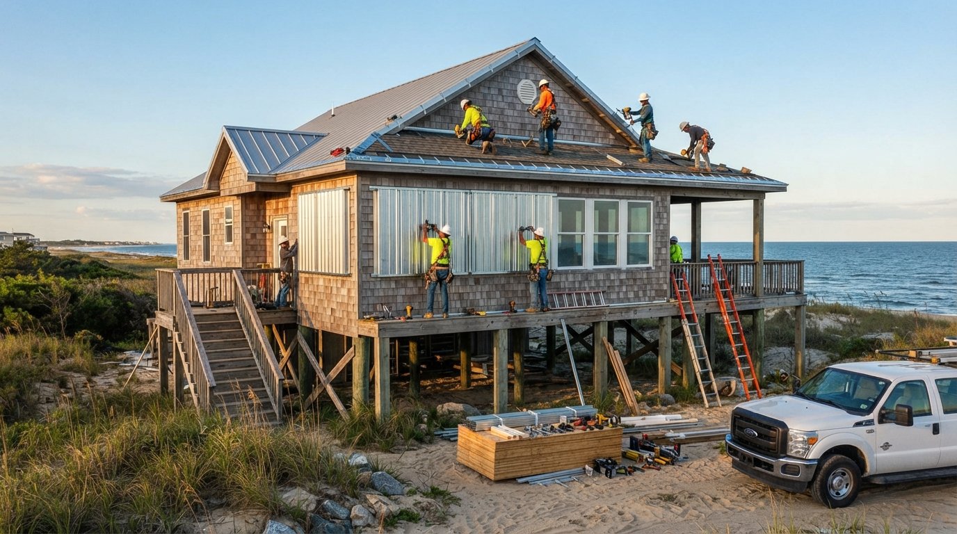 Workers on a lift install metal storm shutters on a stilted coastal home while roofers secure shingles and metal strapping…