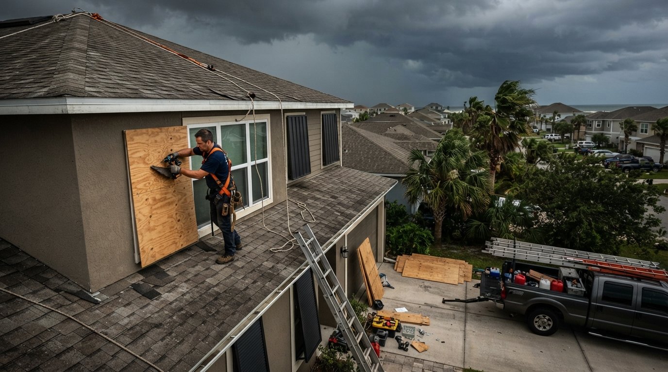 Contractor in safety harness inspects roof shingles and secures window panels on a coastal home as storm clouds gather