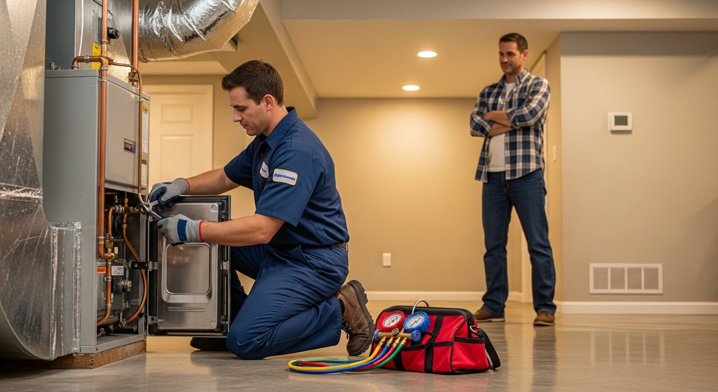 Professional HVAC technician in navy uniform tightens a copper refrigerant line on an open residential heating unit in a…